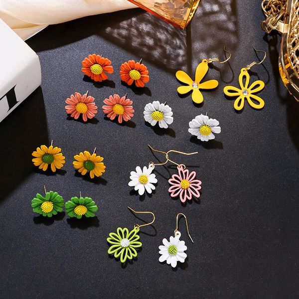 

korea simple small fresh metal texture colorful daisy flower asymmetry earrings for sweet girl women fashion jewelry accessories, Golden;silver