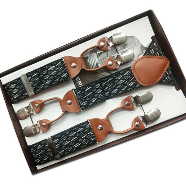 

fashion printing alloy 6 clips plaid men suspenders y-shape jacquard braces elastic adjustable pants commercial western-style, Black;white
