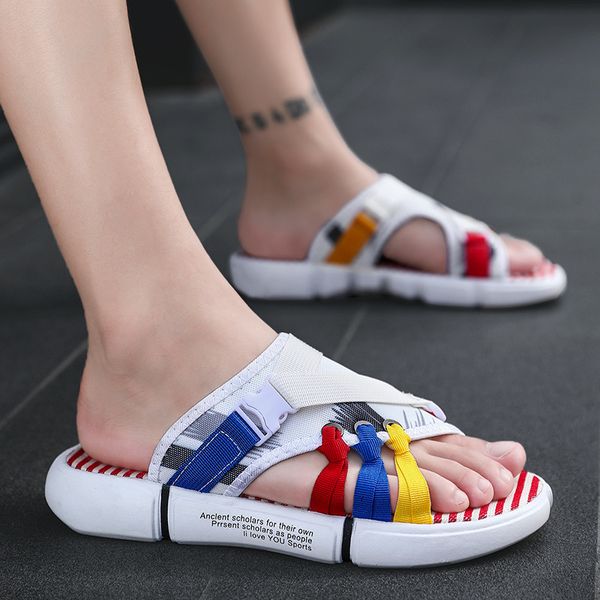 

excargo men's slippers sandals summer shoes flat 2020 new men's summer sandals shoes beach hoilday slippers, Black
