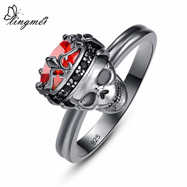 

lingmei wholesale punk style exquisite round zircon silver color black goldskull ring size 6-9 halloween gorgeous jewelry, Golden;silver
