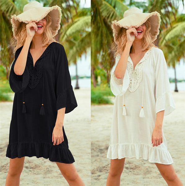 

new rayon bamboo lace beads beach sunscreen bikini coat shirt holiday dress bikini outer cover shirt, White;black