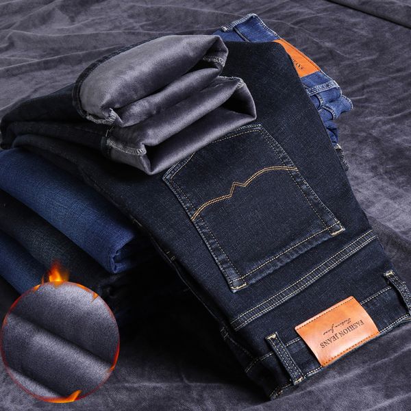 

2020 new winter warm thick fleece jeans mens velvet business jean trousers flocking warm soft men pants can fit -10 celsius, Blue