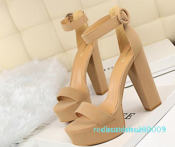 

designer summer model women high heel sandals 13 cm open toes chunky heel platform sandals buckle strap lady automobile model shoes c09 r03, Black