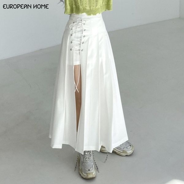 

new summer skirt women clothes korean style wild lace-up fake two pieces pleated skirt solid slim high waist long t253, Black