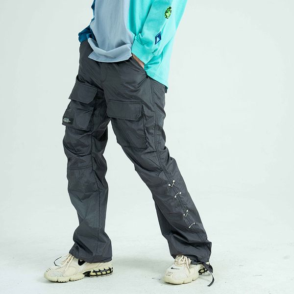 

pockets feet drawstring cargo pants men and women side button streetwear plus size casual trousers hip hop overalls, Black