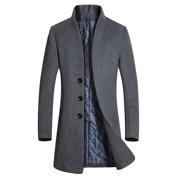 

coat fashion men long wool trench single breasted slim fit peacoat overcoat male clothes stand collar jacket parka, Black