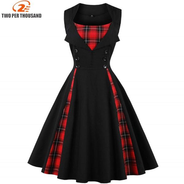 

s-4xl women robe pin up dress retro 2020 vintage 50s 60s rockabilly plaid swing summer female dresses elegant tunic vestidos, Black;gray
