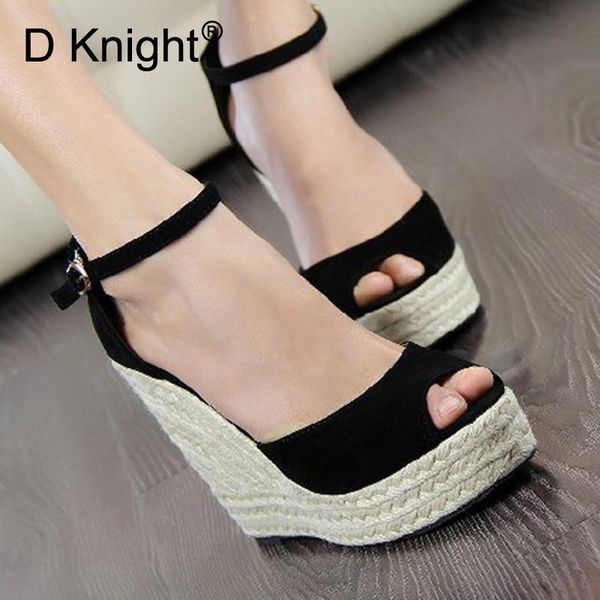 

fashion women summer sandals shoes buckle strap leisure platform wedges sandals peep toe straw wedges high heel 9.5/.5cm shoes, Black