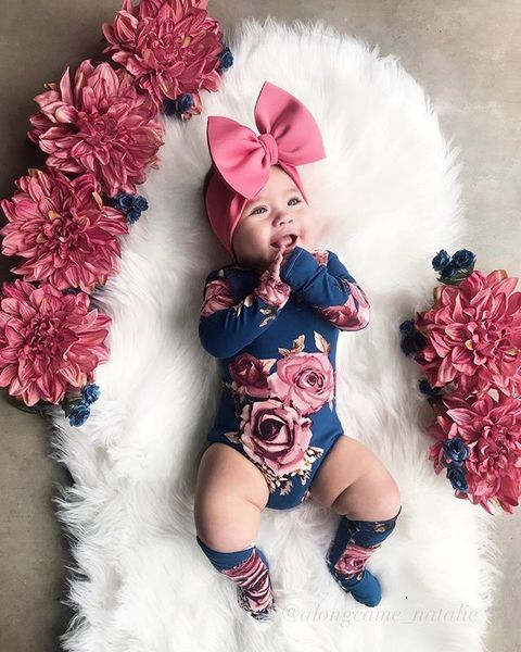 

newborn toddler baby girl bodysuit one-piece long sleeve o-neck flower romper jumpsuit+leg warmers casual outfit clothes, Blue
