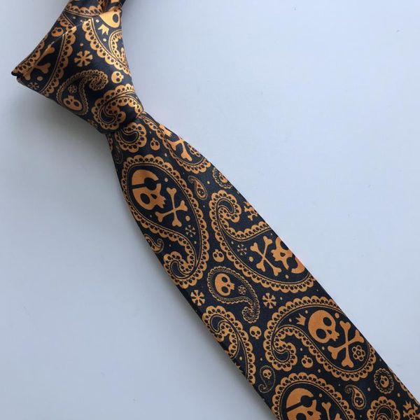 

designer personality necktie men's fashion printed ties for halloween party black with golden orange skull pattern, Black;gray