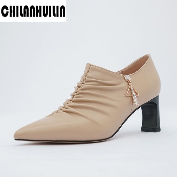 

shoes women high heels sweet party wedding shoe pleated leather thin heels pointed toe pumps ladies new zapatos de mujer, Black