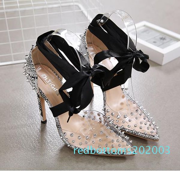 

женщина дизайнер обуви на высоком каблуке змея зерна заклепки шип заостренный носок насосы размер от 35 до 40 r03, Black