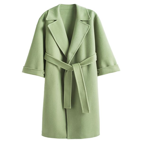 

women's wool & blends 2021 winter high end luxury water ripple woolen jacket korean fashion double-sided hand-sewn belt long coat women, Black