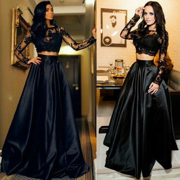 

hirigin women girl two piece set aummer autumn formal lace long sleeve crop prom long skirts evening party clothes set, Gray
