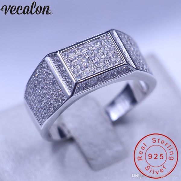 

vecalon jewelry wedding band ring for men pave set 150pcs diamonique cz 925 sterling silver male engagement ring father gift, Slivery;golden