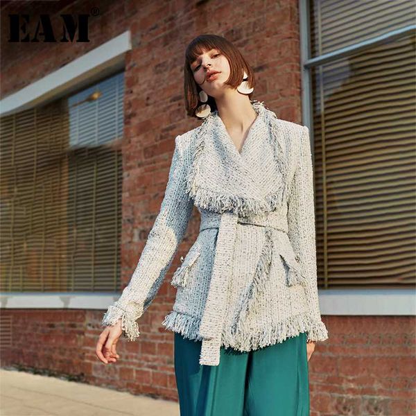 

eam] loose fit blue tassels bandage temperament woolen coat parkas new long sleeve women fashion tide spring autumn 2020 1h825, Black