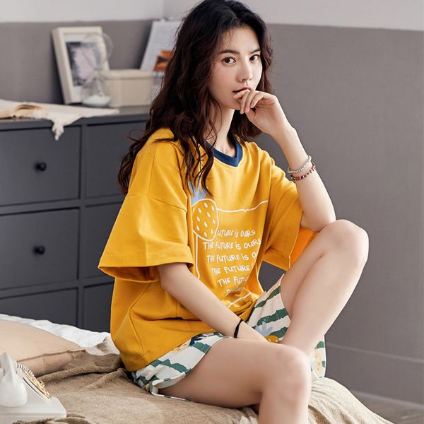 

summer pajamas women's simple crew neck short sleeve shorts home wear korean-style casual pajamas two-piece set, Black;red