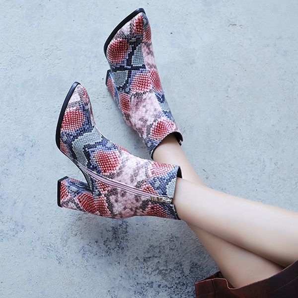 

snakeskin ladies boots fashion women's pointed high-heeled snake print square root shoes woman ankle large size booties, Black