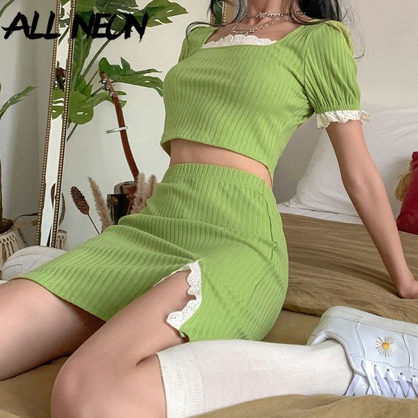 

allneon e-girl cute ribbed square collar puff sleeve with lace crop and mini skirt 2 piece sets y2k fashion matching sets, White