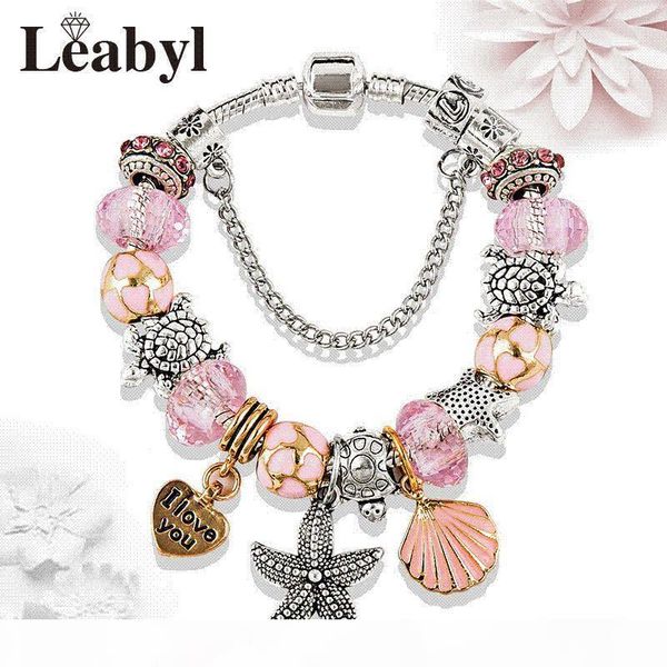 

прекрасный розового кристалл shell шарм дизайнер браслет antique silver tortle браслет starfish бисер для женщин ювелирных изделий, Golden;silver