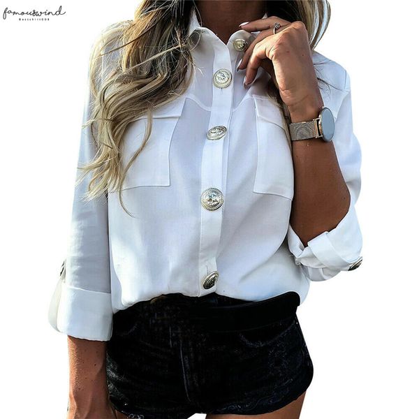 

fashion women blouses casual baggy casual blouse long sleeve button long tunic shirt pocket blouses ol clothes formal, White