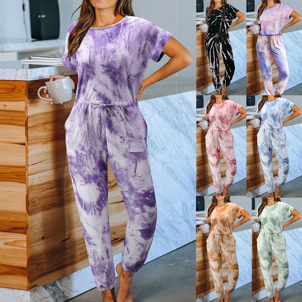 

tie-dyed dress pajamas dress pajamas women's summer 2020 new loose short-sleeved round collar conjoined women's home clothes, Blue;red