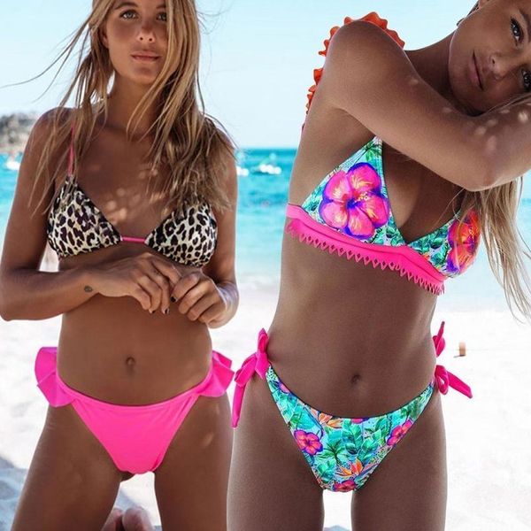 

biquini печать 2020 цветочные бикини женщины рюшами купальники feminino два купальник sexy пляжная плавание traje de бано mujer, White;black