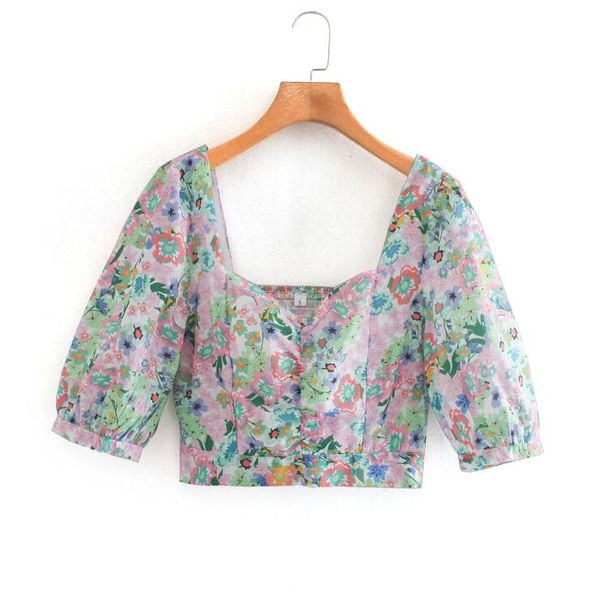 

polyester square neck floral print short blouse mini shirt, White