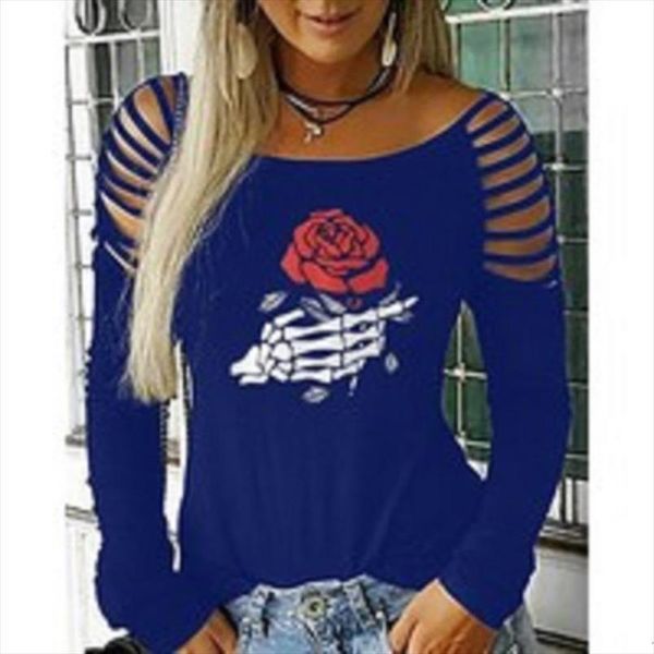 

punk t shirt women long sleeve print skull flower hollow streetwear tee shirt femme plus size womens clothing sj4425v, White