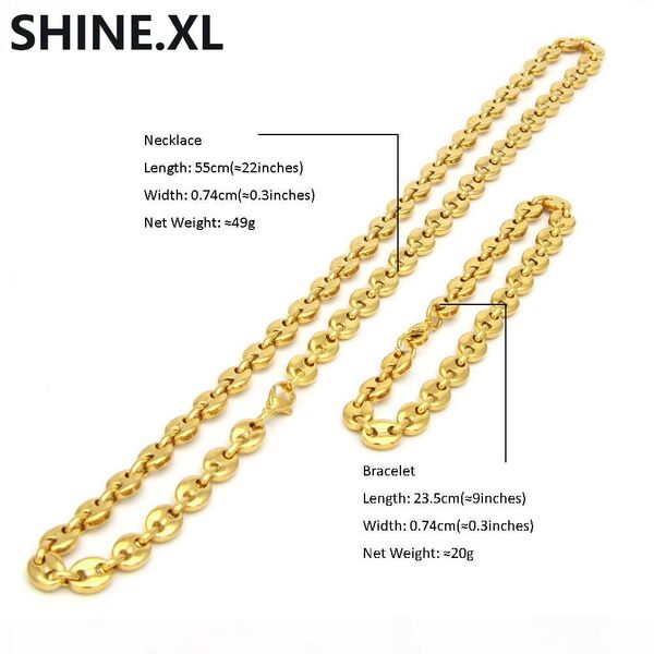 

316l stainless steel coffee bean chain 22"necklace and 8"bracelets fashion hip hop jewelry set gold chain for men, Silver