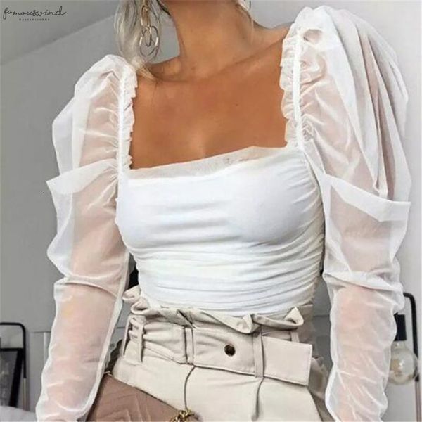 

women stylish solid slim blouse summer sheer puff sleeve stretchy transparent sleeve square neck female 2020 casual lace blouse, White