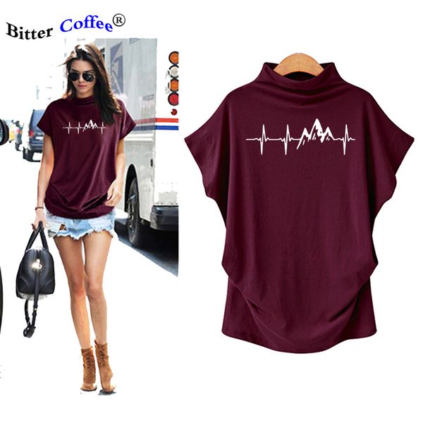 

mountain heartbeat t-shirt fashion funny birthday 100% cotton summer batwing sleeve t shirts causal o-neck tees hip hop, White