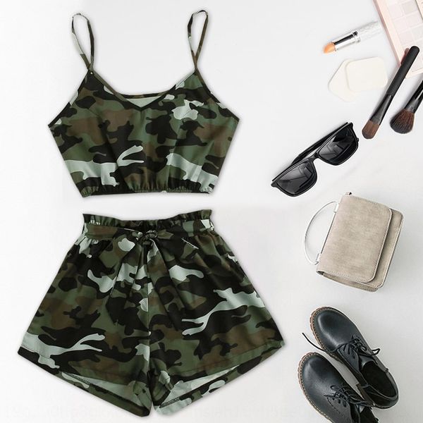 

2020 new women's pants suit vest pants set street personalized all-match camouflage sports vest shorts suit, Gray