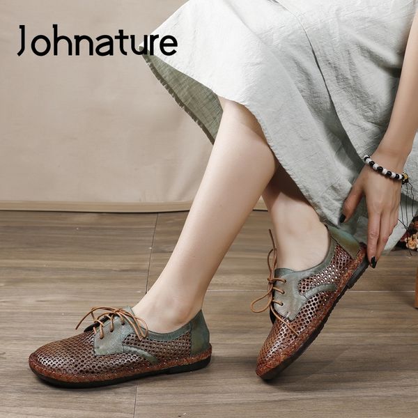 

johnature flats women shoes mixed colors genuine leather hollow 2020 new spring lace-up round toe casual shallow ladies shoes, Black