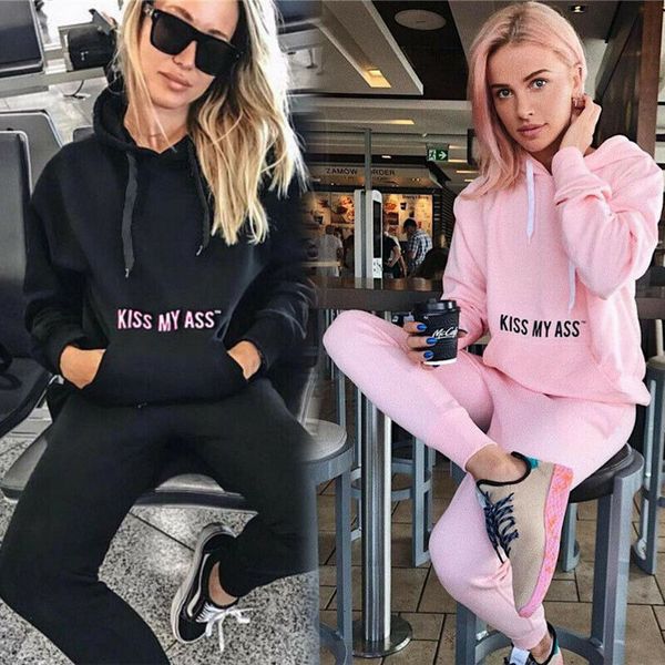 

women tracksuit hoodies sweatshirt pants sets letter printed long sleeve sport wear casual suit 2pcs, Gray