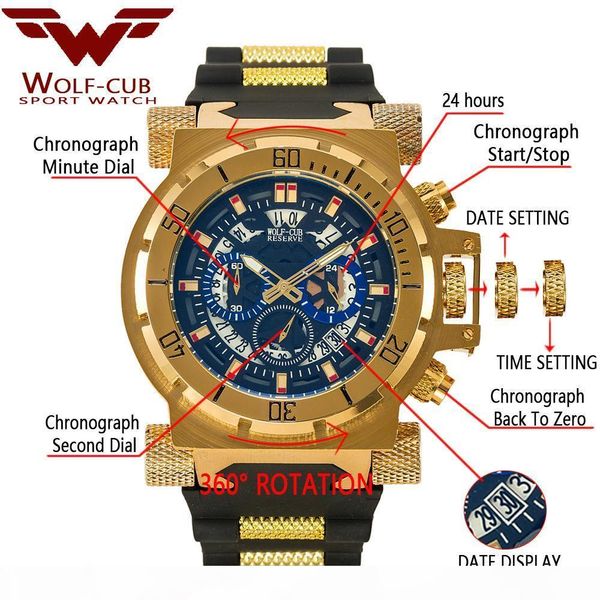

wolf-cub original creative golden men quartz wristwatches 3d dial design full steel calendar waterproof big watches chronograph, Slivery;brown