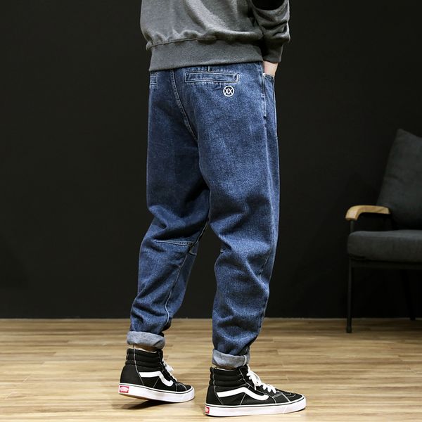 

fashion streetwear men jeans loose fit spliced designer elastic harem pants wide leg trousers japanese vintage hip hop jeans men, Blue