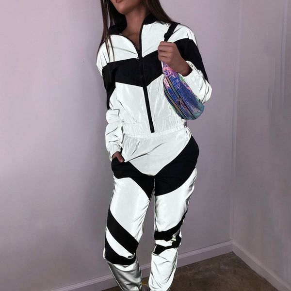 

litthing women tracksuits 2 piece set reflective zipper crop pants fashion female female loose jacket coat trouser plus xl, Gray