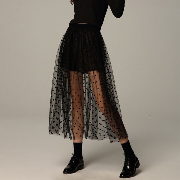 

summer spring gothic black polka dot long see mesh tulle skirt vintage punk office lady elastic waist pleated skirts