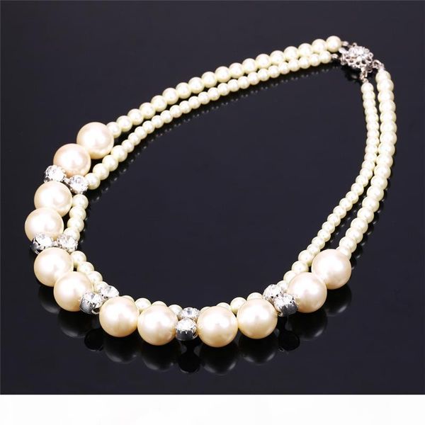 

women's synethetic pearl necklace for evening dress austrian rhinestone luxury pearl jewelry 2 layers statement necklace, Silver