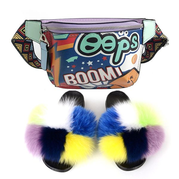 

mudibear woman fur slippers summer fur shoes waist packs setfluffy raccoon slides graffiti fanny pack bag colorful fashion shoes, Black