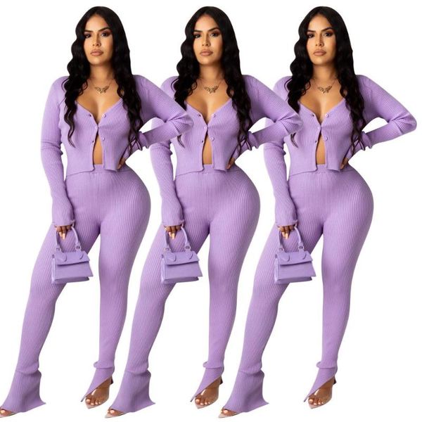 

club party women solid knitted crop split flare jogger sweatpant suit two piece set sport matching set outfit, Gray