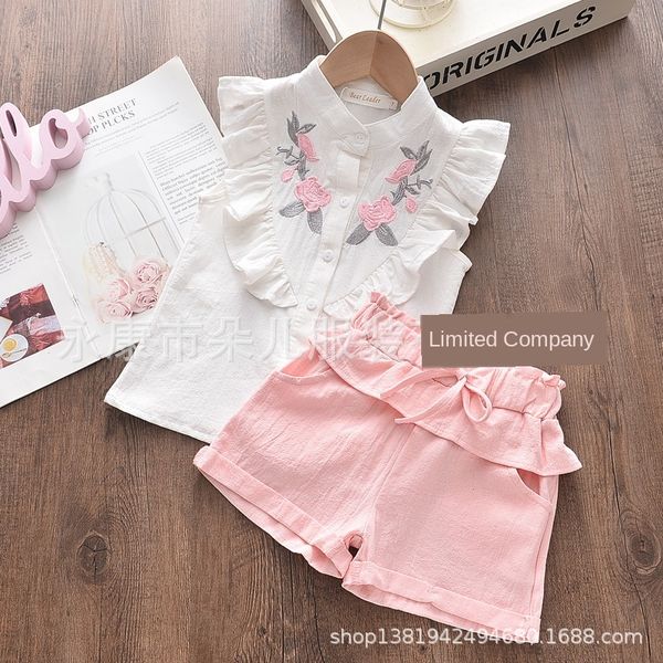 

5g8wq 2020ins wear/girls embroidery clothing ' embroidered sleeveless shirt + shorts two-piece suit 2020ins wear/girls embroidery child, White;black