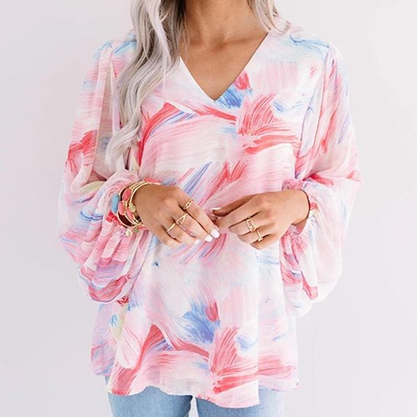 

women fashion v neck long puff sleeve scrawling print loose blouse shirt women shirt 2xl, White