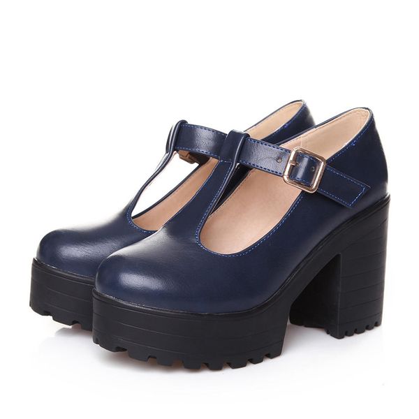 

new t-strap buckle strap solid platform women shoes woman casual spring autumn pumps large size 34-46, Black