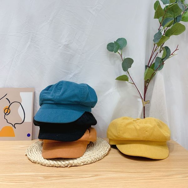 

children's hat wick beret 2019 new boys' and girls' solid color corduroy beret baby's short brim cap newsboy's hat, Blue;gray