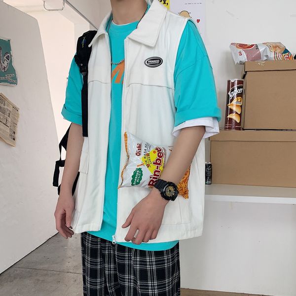 

мужской top coat жилета инструментов 2020 лето новой пары жилета свободных отворот случайных пальто всех-матч без рукавов сверху, Black;white