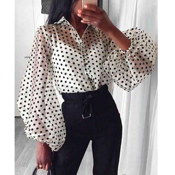 

new ladies long sleeve baggy loose turn down collar blouse black white long sleeve women casual polka dot lantern sleeve see through