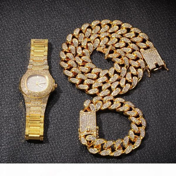 

hip hop bling цепи ювелирные изделия ожерелье мужчин iced out алмазный майами кубинский цепи розовое золото серебро часы ожерелье браслет, Silver