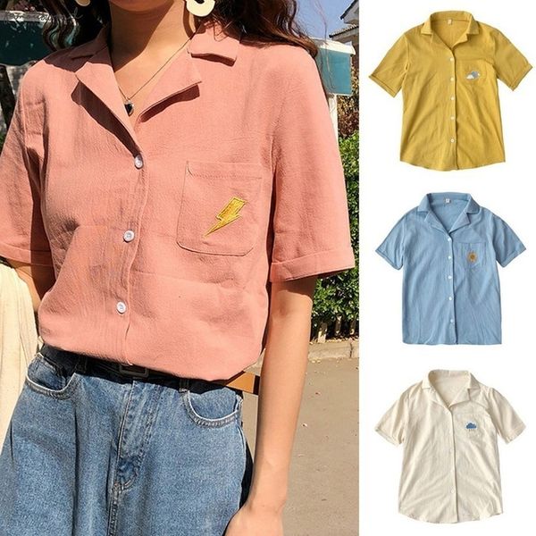 

fashion women kawaii lapel female summer shirt weather embroidery pocket short sleeve loose blouse streetwear 2020, White